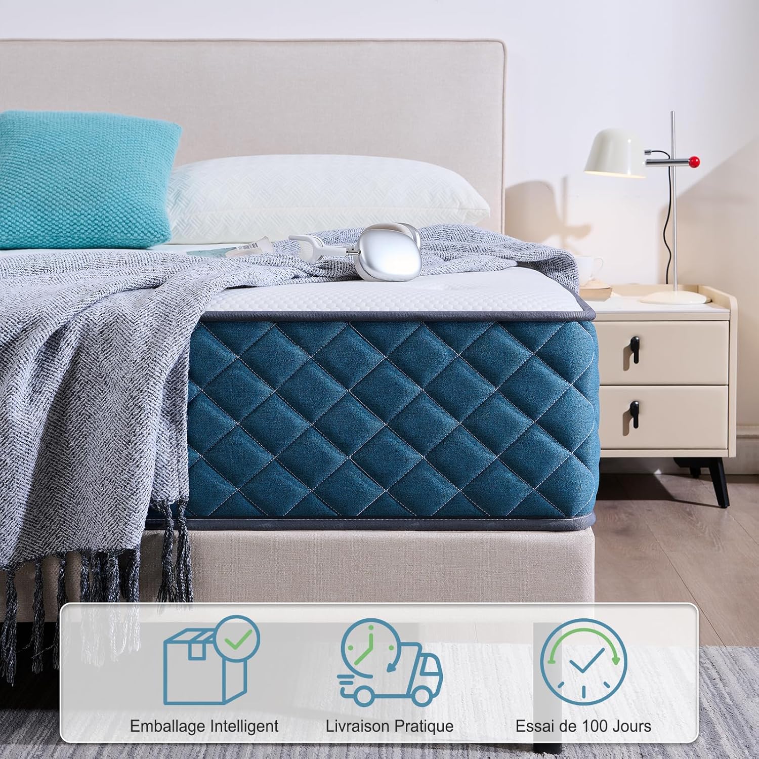 Matelas - Ressorts ensachés & mémoire de forme - 160x200x22 cm - soutien moyen, durable, respirant