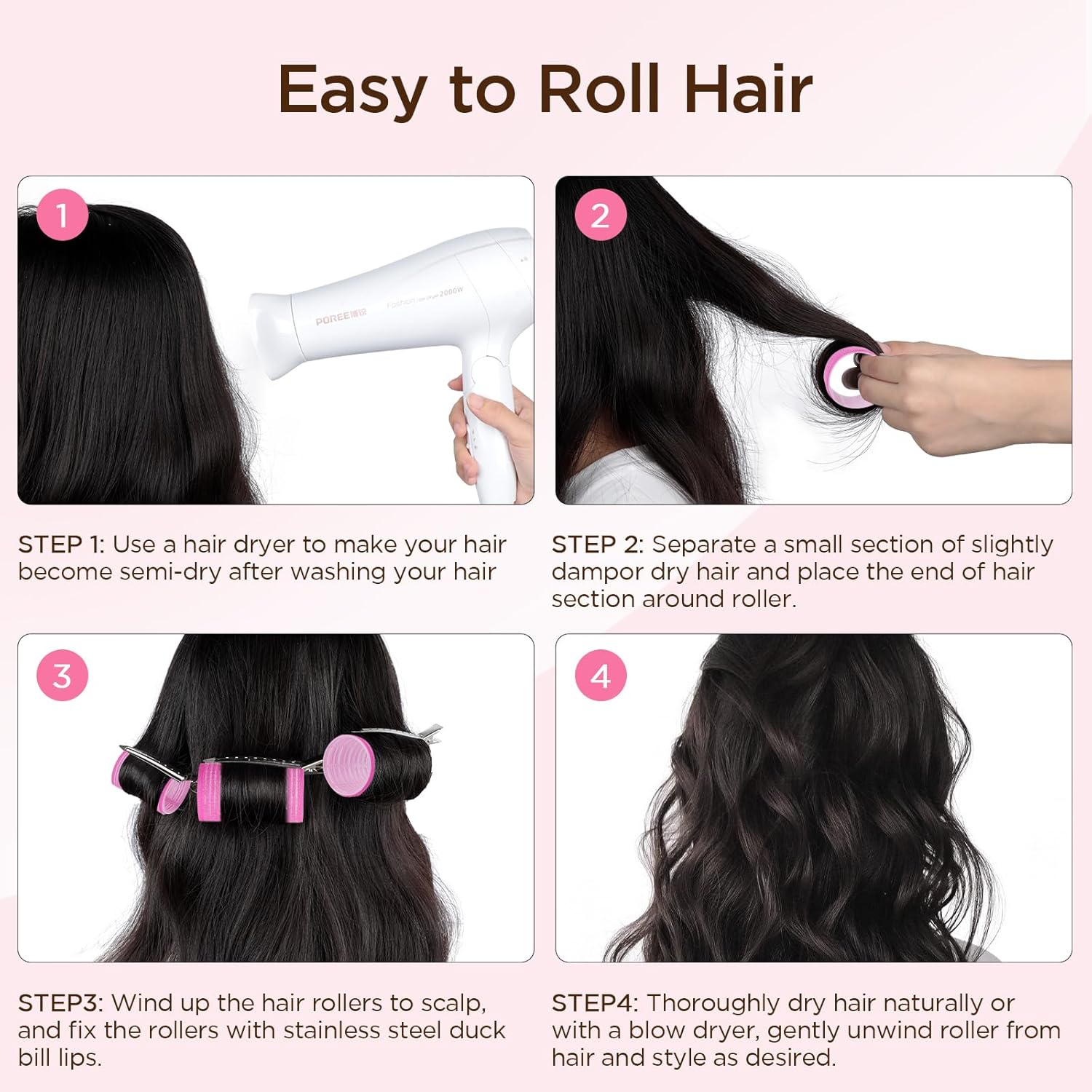 Romon - Set de bigoudis chauffants 3 tailles avec pinces et peigne