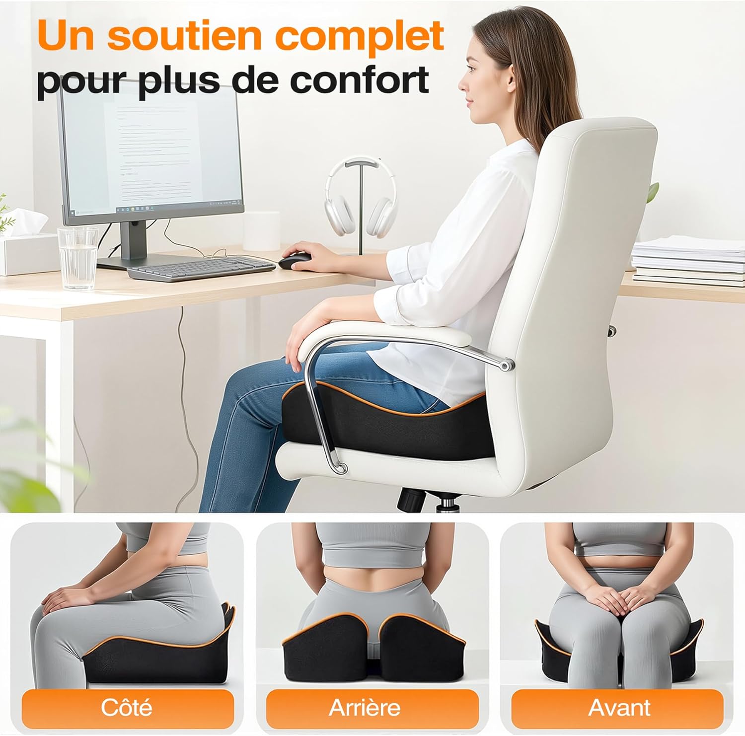 Coussin de chaise mémoire de forme - ergonomique, antidérapant - confort prolongé - pour bureau ou voiture