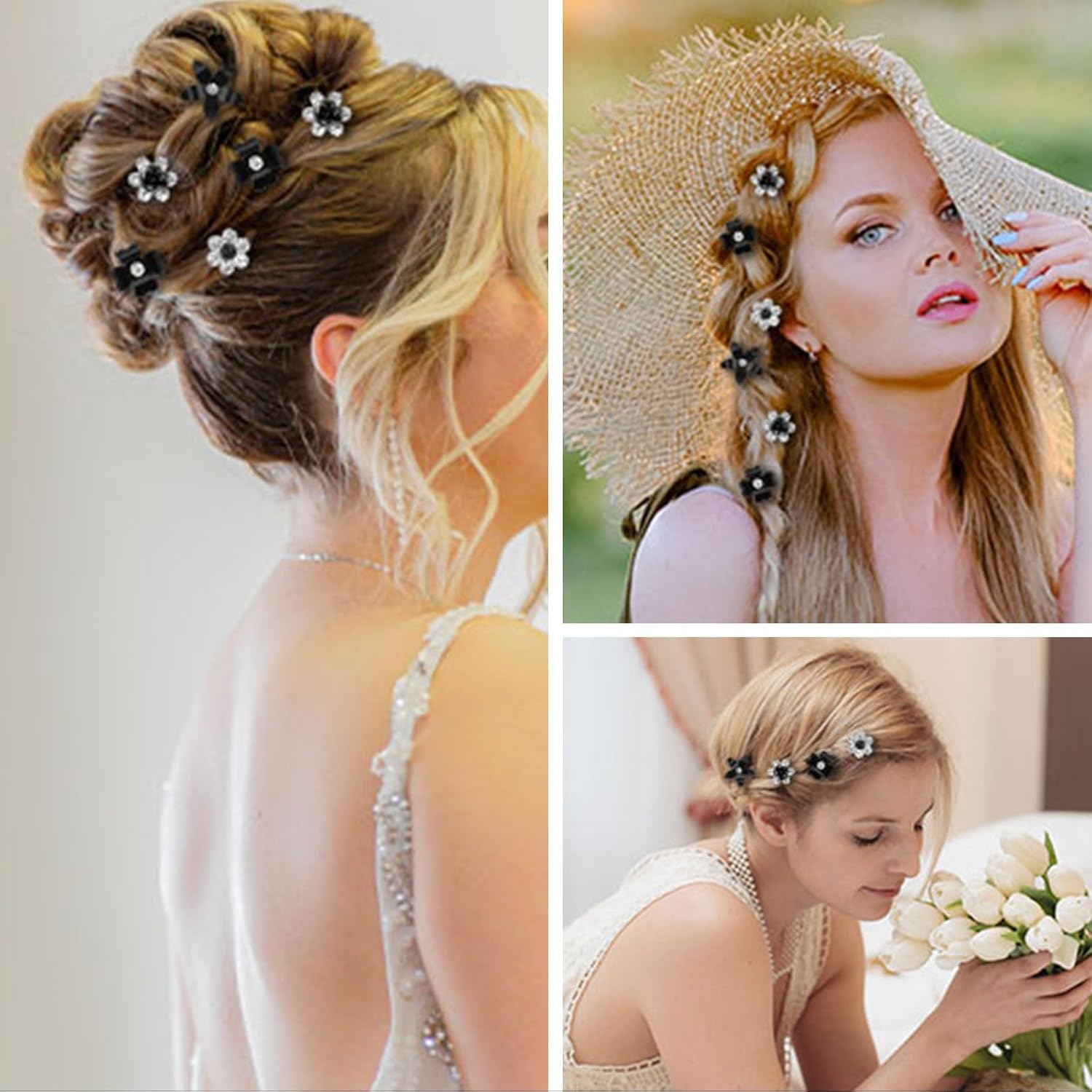 Lot de pinces à cheveux - mini strass fleurs - 20 pièces - accessoires mariage femmes, 4 motifs