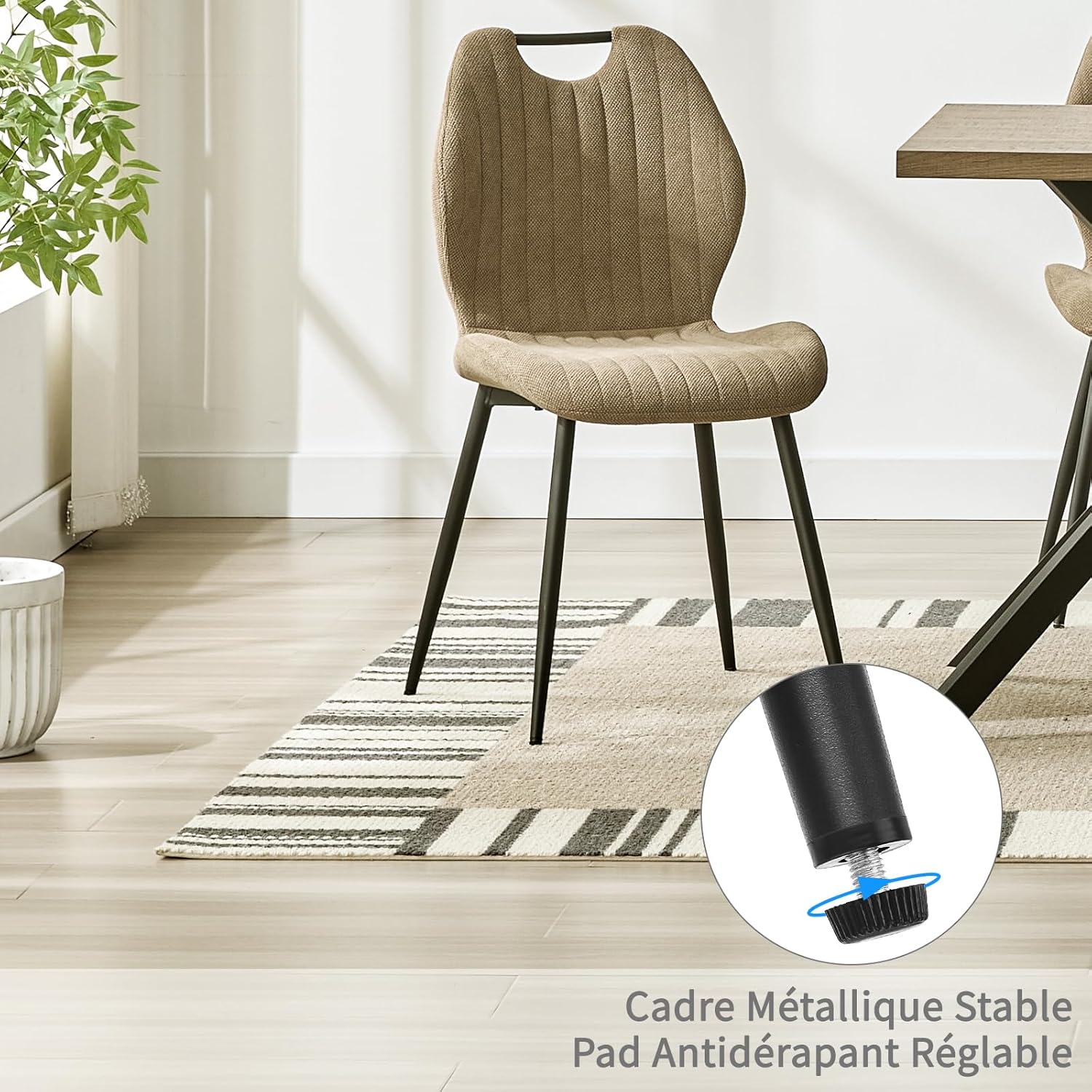 Chaises de salle à manger - tissu kaki, pieds métal, lot de 6, confortables