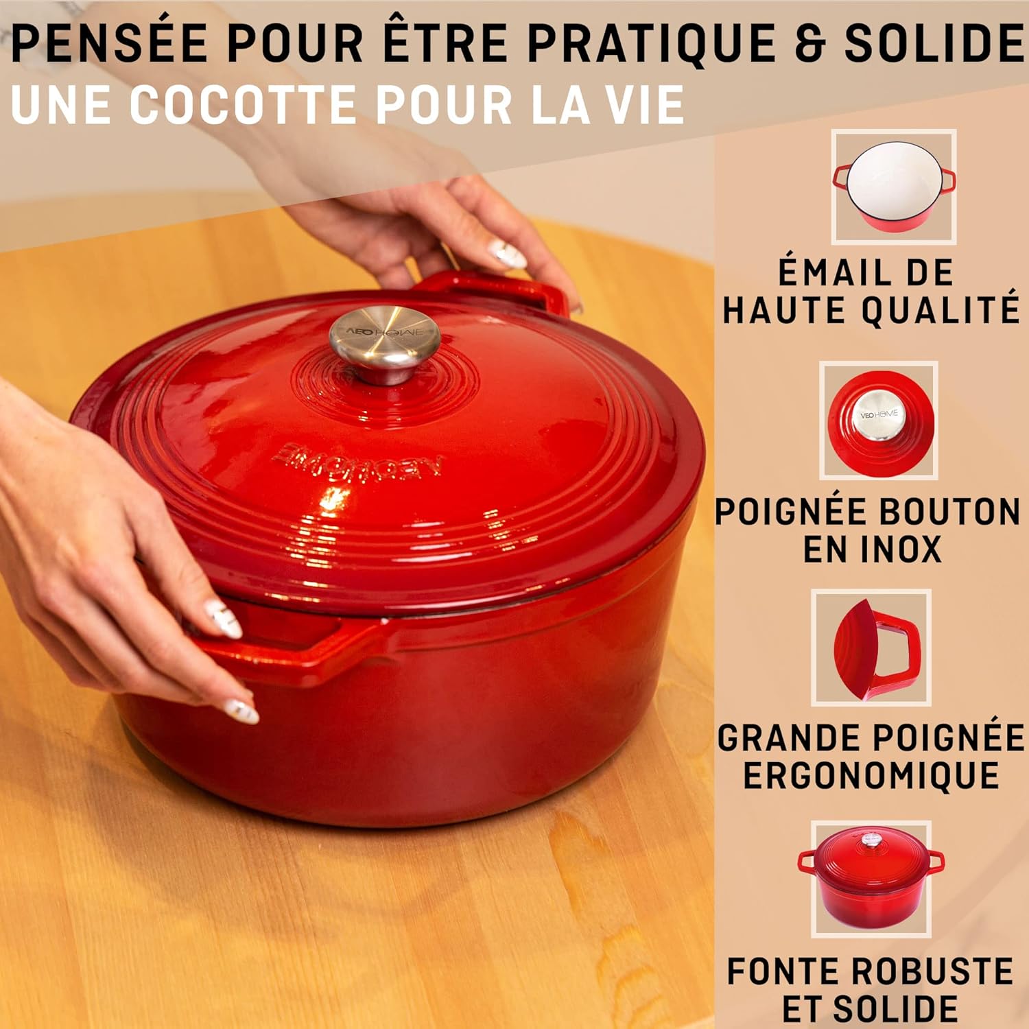 VeoHome - cocotte fonte émaillée 6L Ø28cm - induction/gaz/four, cuisson homogène, couvercle relief