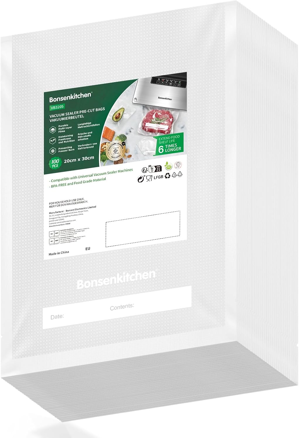Bonsenkitchen - sacs sous vide VB3205 - 20x30 cm - 100 sachets gaufrés, conservation et cuisson