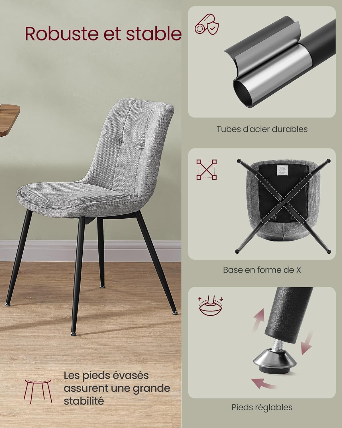 VASAGLE - Lot de 6 chaises modernes, métal, chenille, 120 kg, KDC151G16