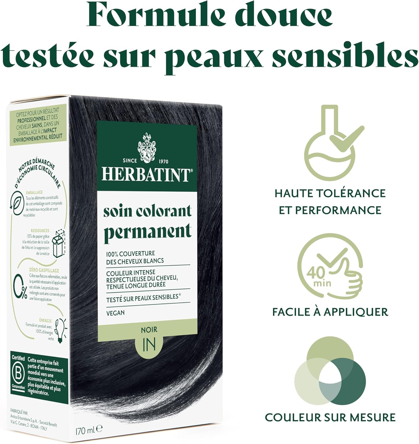 Herbatint - Coloration Permanente 170ml - Noir, sans ammoniaque, 8 extraits végétaux, 1N
