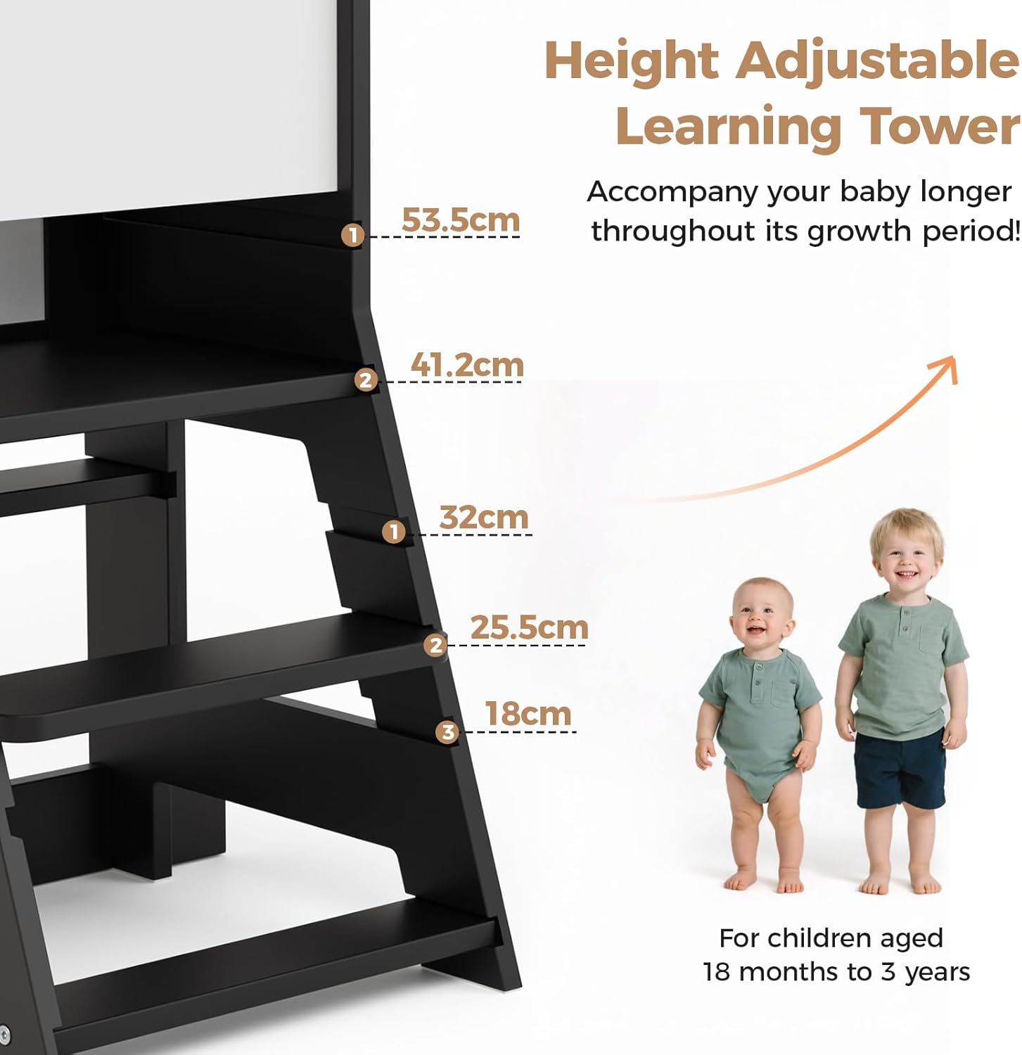 KIDINIX - tour d'apprentissage réglable avec tableau noir - dès 1 an - sécurité anti-basculement, chaise Montessori
