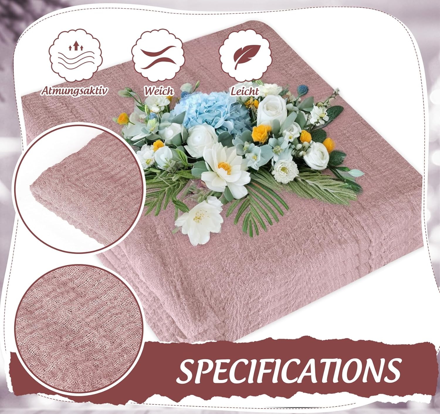 Chemin de table - étamine, 80x300cm, rose pâle, style bohème, synthétique