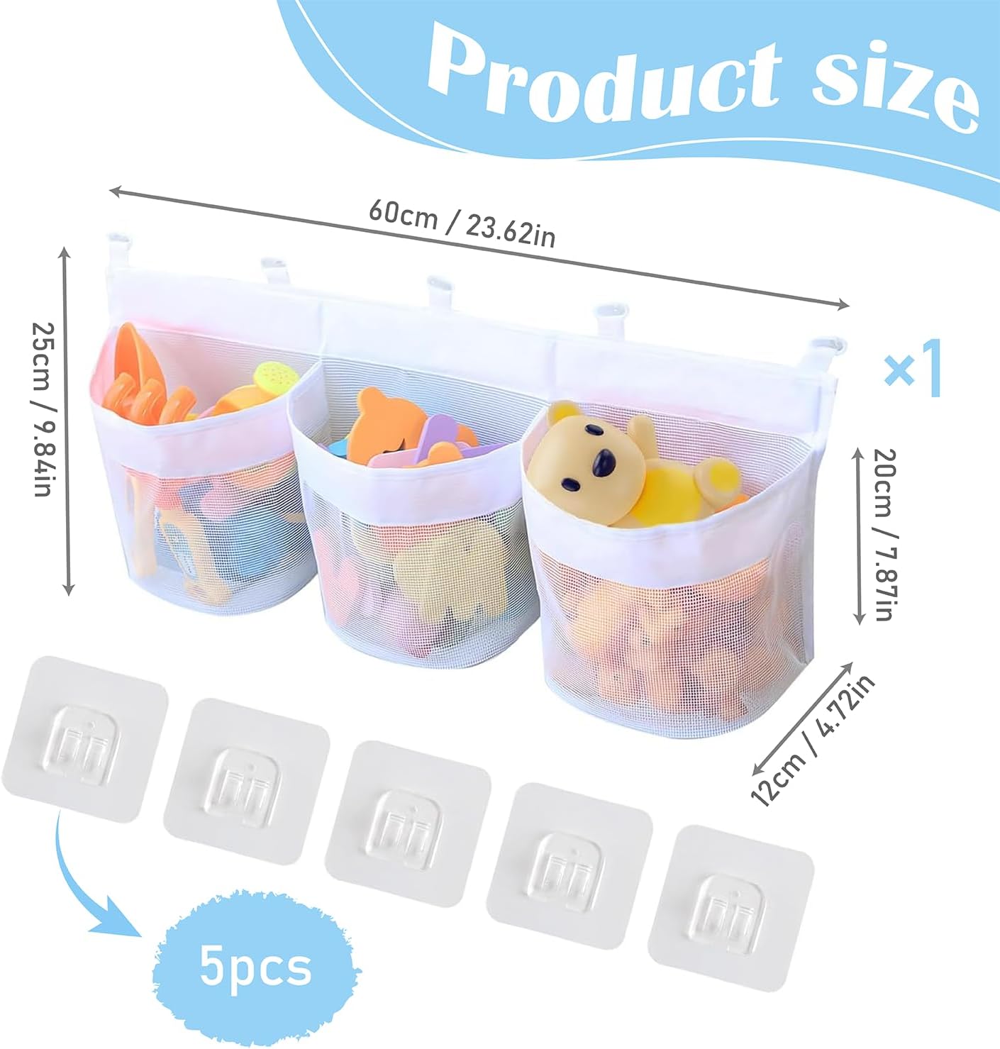 Filet de rangement jouets bain 3 compartiments, grande capacité, maille respirante, 4 crochets adhésifs
