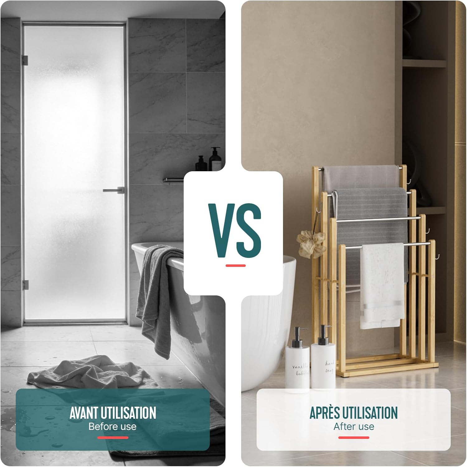 VOUNOT - Porte-serviettes 4 niveaux bambou - autoportant, crochets, bain