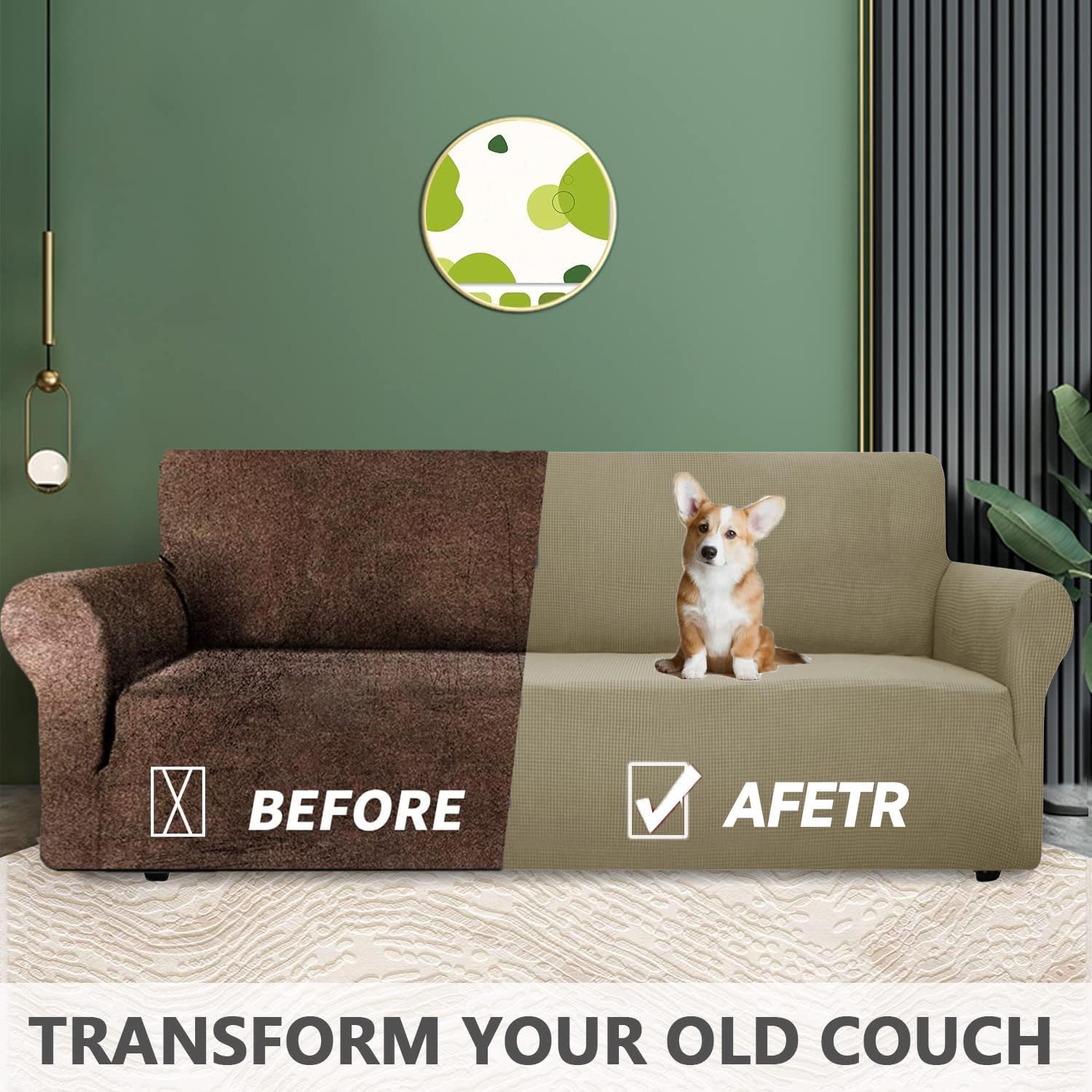 Housse canapé 4 places - extensible, anti-glisse, lavable, khaki