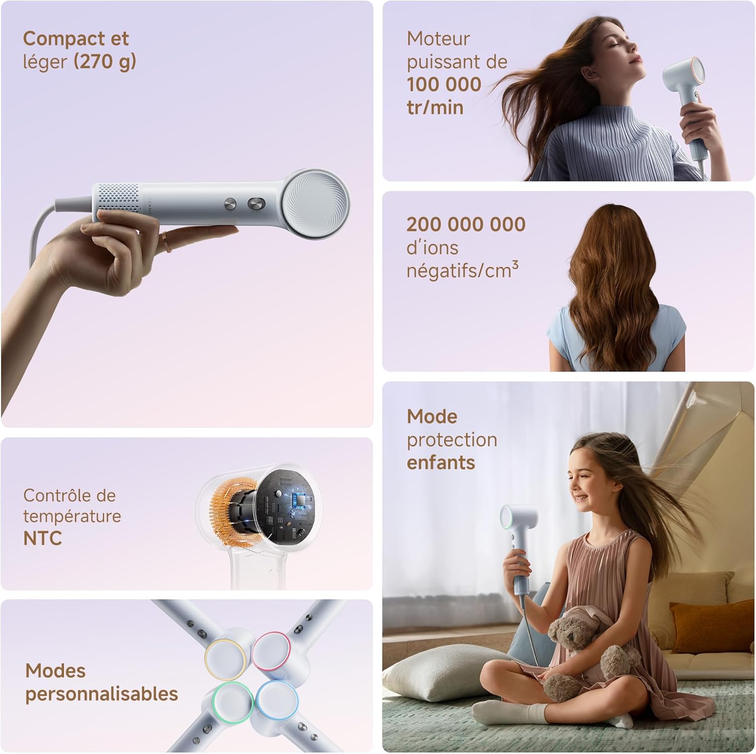 Dreame - Mini Sèche-cheveux - 270g - séchage rapide, moteur 100000 tr/min, ions négatifs, 5 modes, contrôle température 