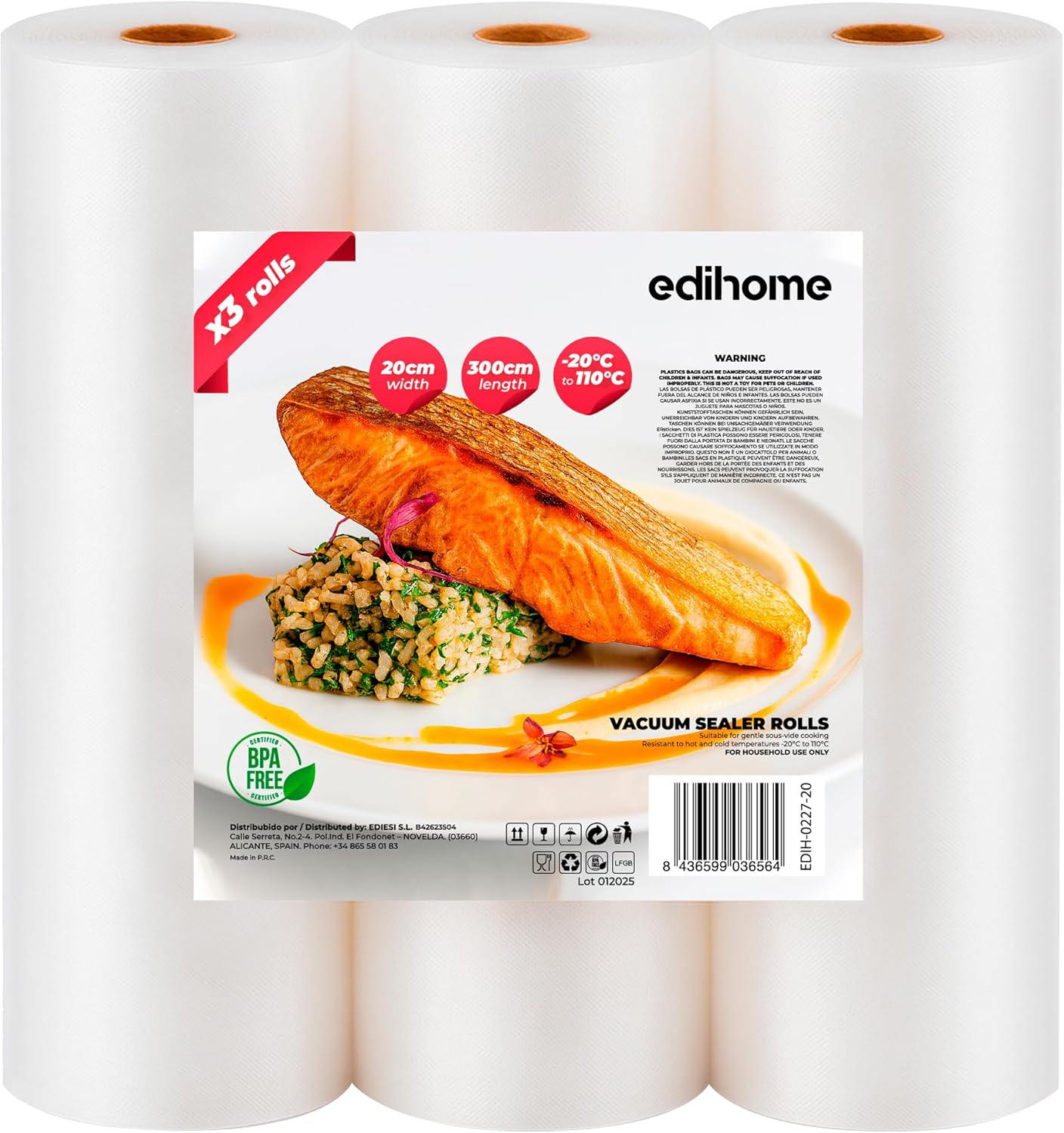 Edihome - sacs sous vide alimentaires - 20x300cm - 3 rouleaux sans BPA