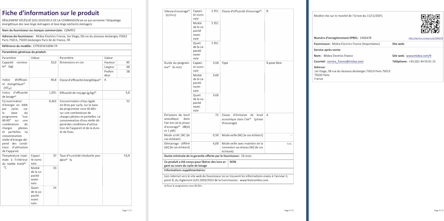 COMFEE' - lave-linge 10kg, vapeur, moteur BLDC, tactile, blanc, CFP03EW100W-FR