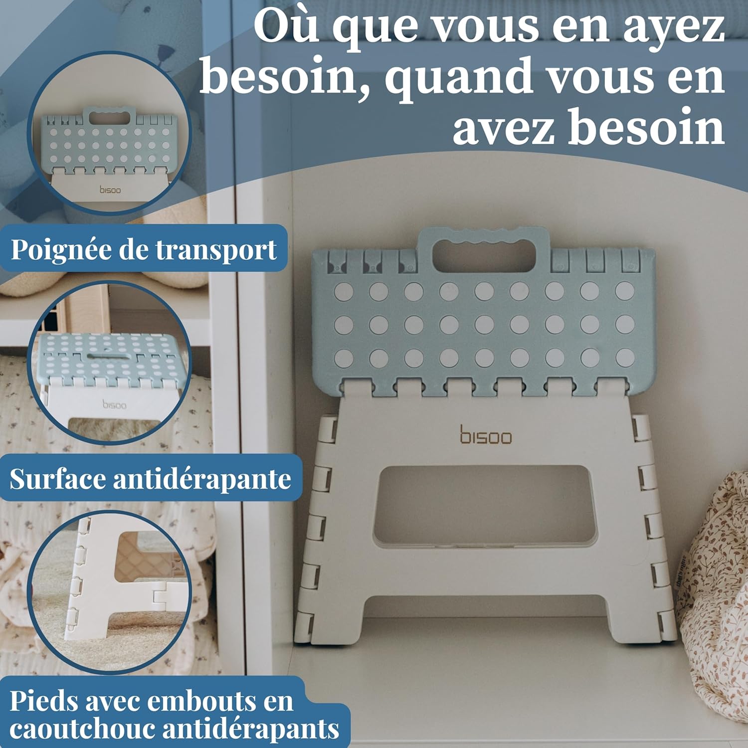 Bisoo - Tabouret pliant enfant 22cm - plastique bleu, sûr, portable