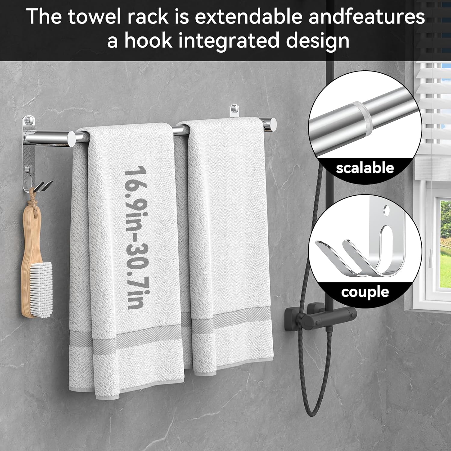 Porte-serviettes mural rétractable inox, 1 couche, adhésif, argent