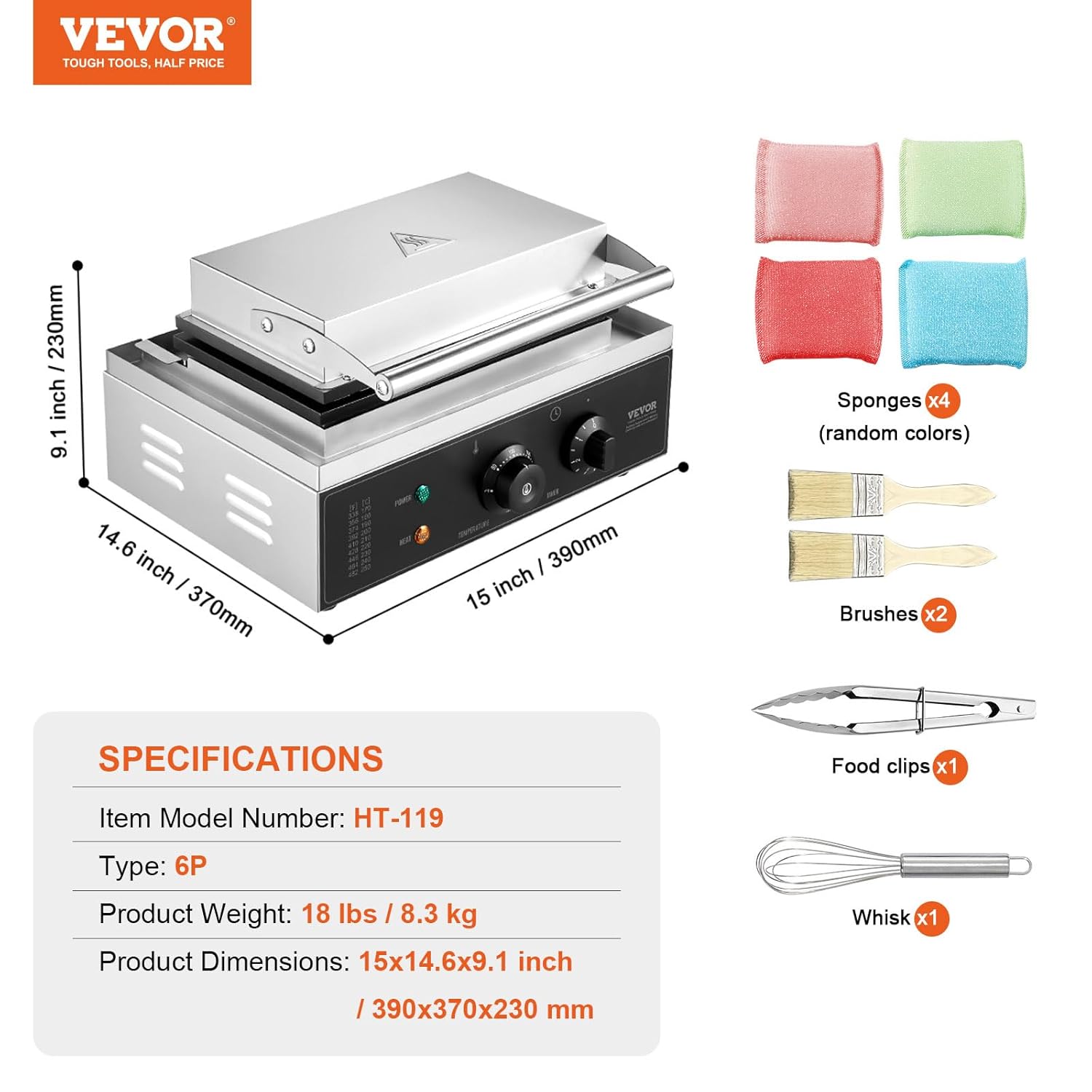 VEVOR - Gaufrier commercial 6 pièces - 1500W, acier inoxydable, contrôle température