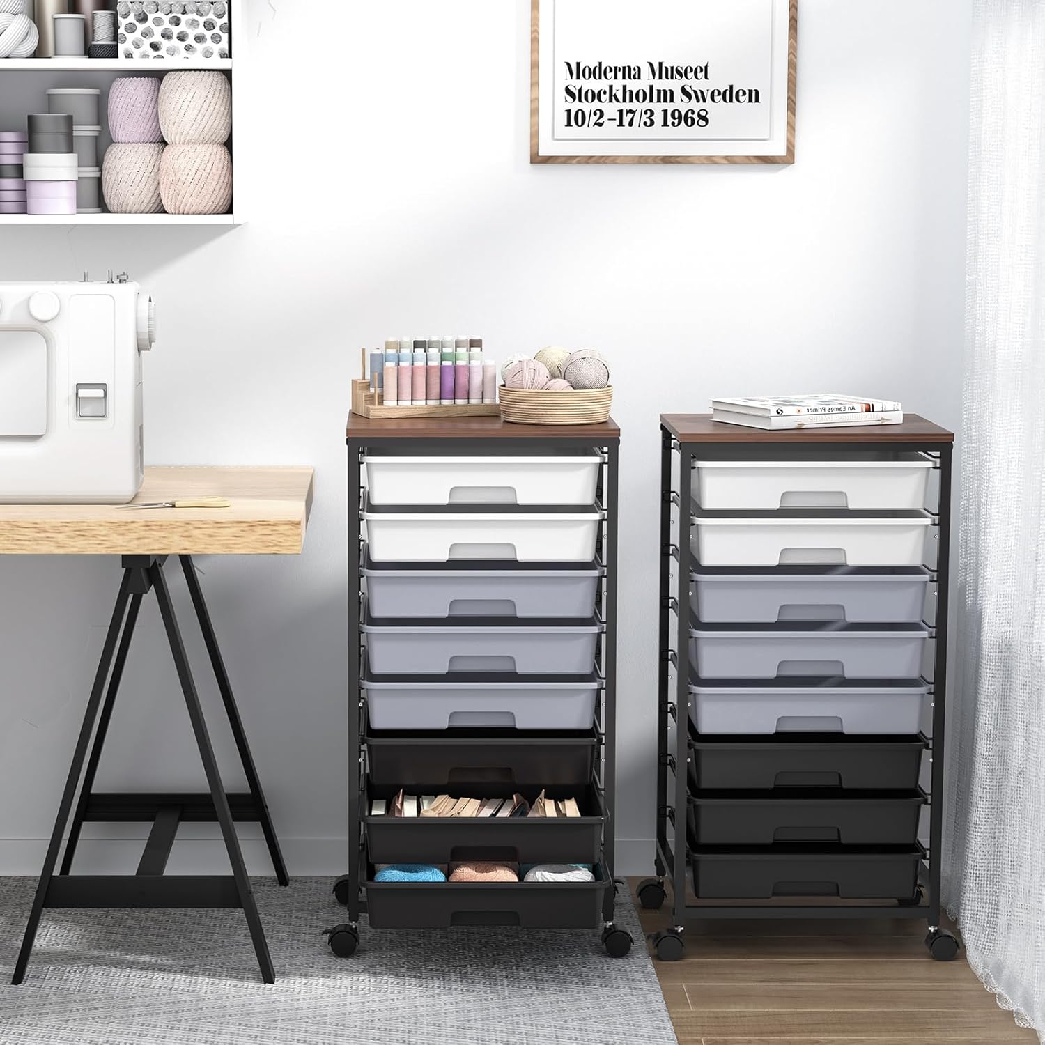 Chariot de salle de bain - 8 tiroirs, roulettes, plateau bois, grande capacité, gris