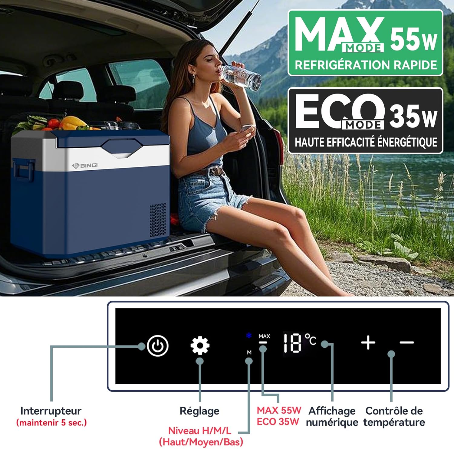BINGI - glacière électrique 30L - silen. ≤45dB, -18°C à +15°C