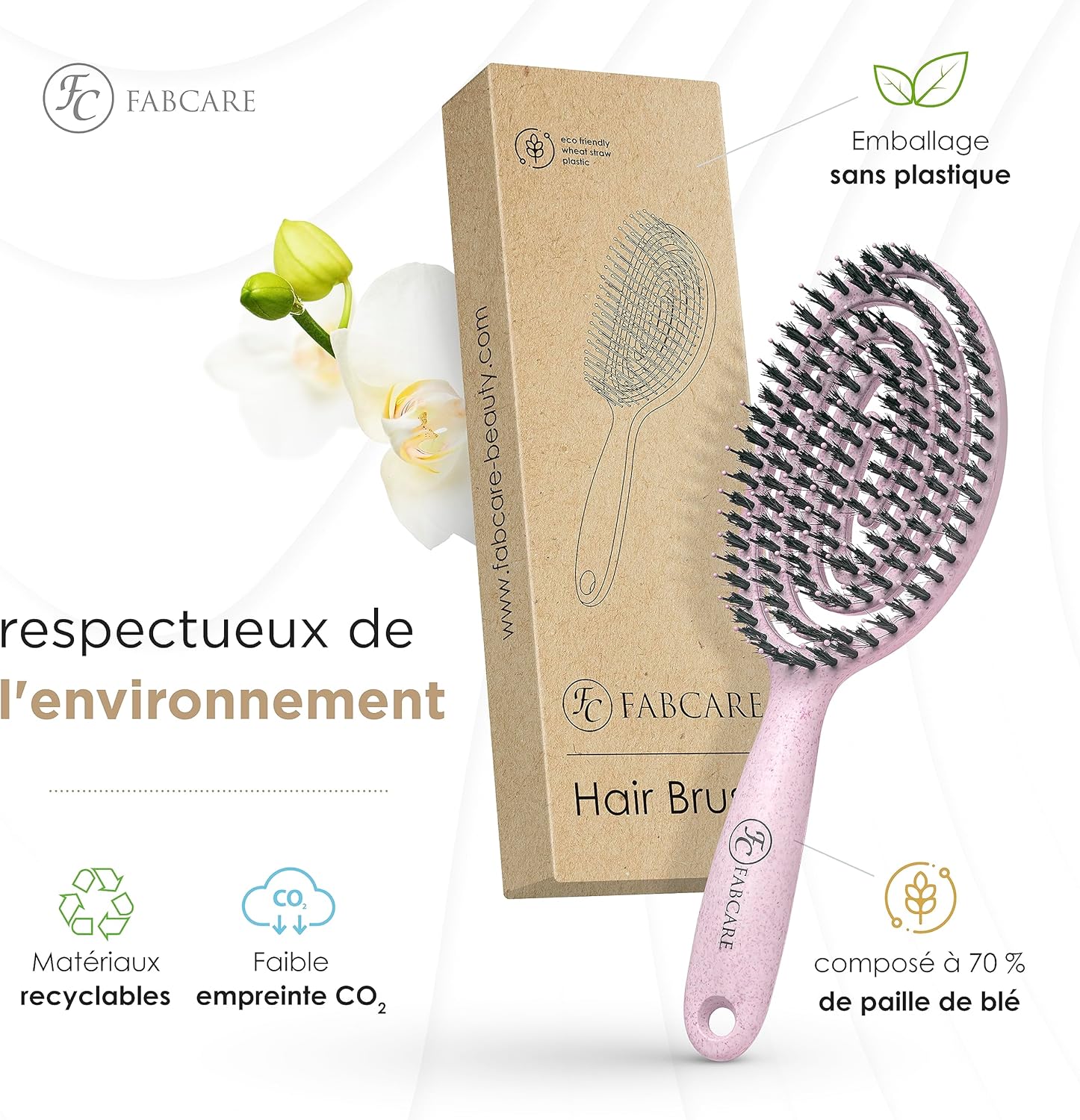 FABCARE - Brosse cheveux série innovante - poils sanglier, double ressort, styling sans douleur - Rose
