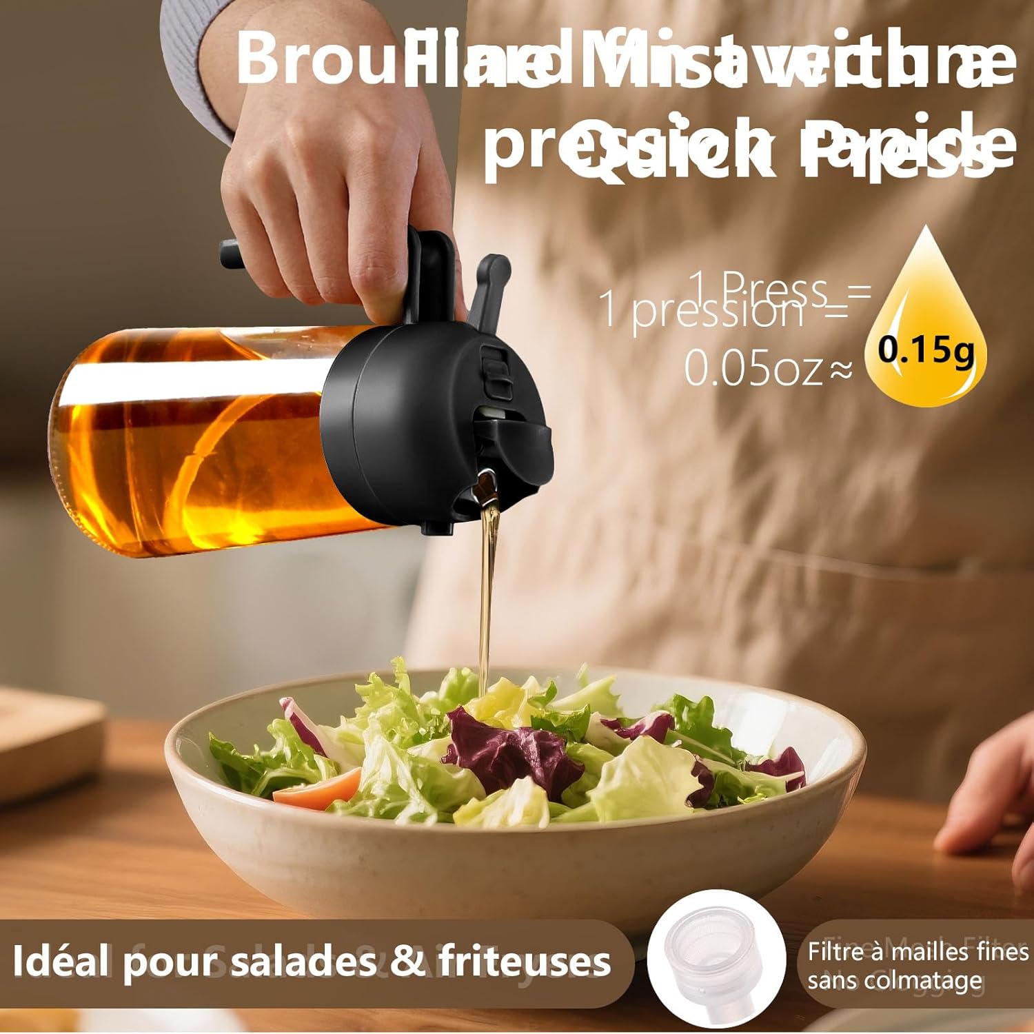 Flacon pulvérisateur d’huile - verre 470ml - 2 en 1 distributeur, cuisine, barbecue, air fryer
