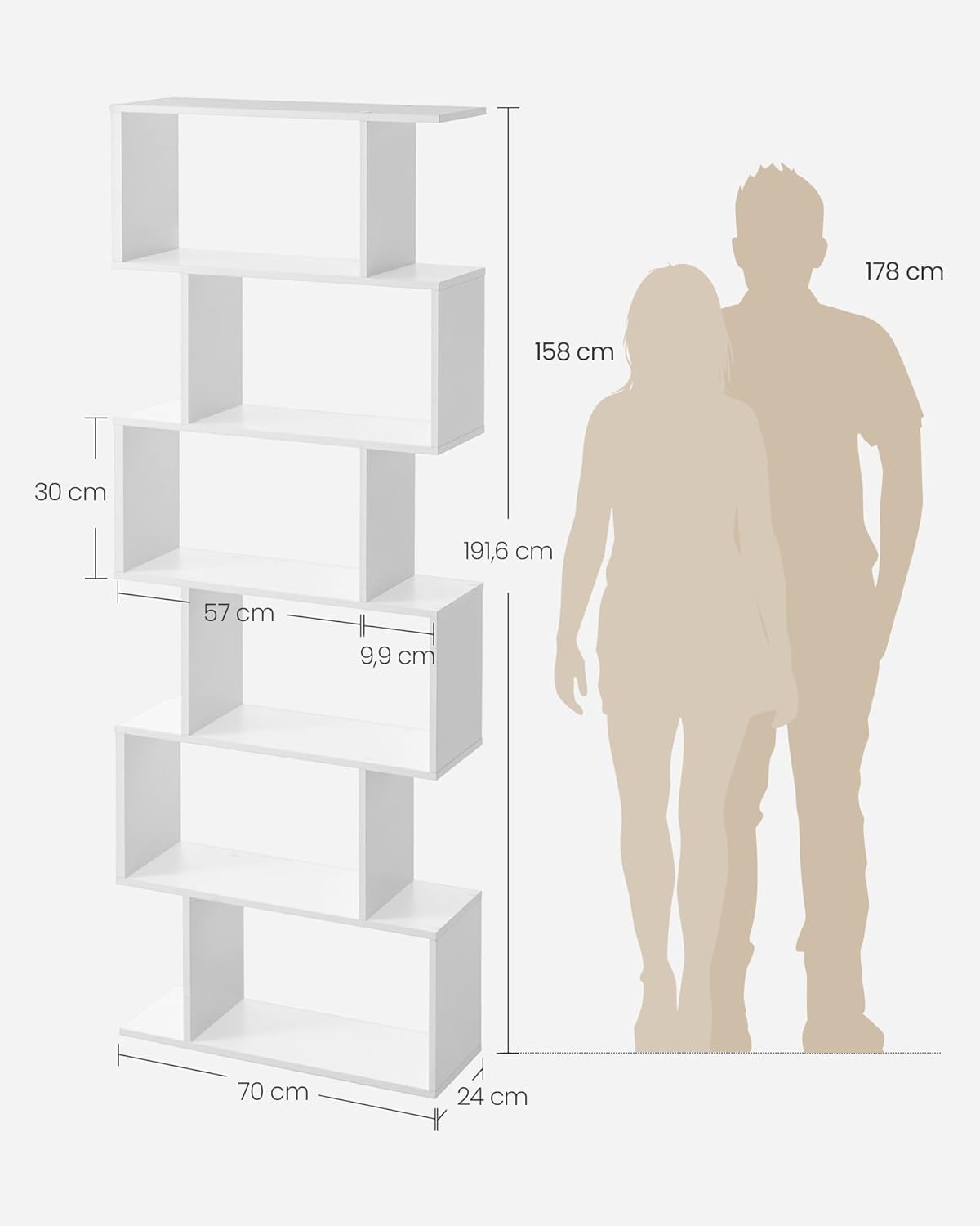 VASAGLE - bibliothèque 6 niveaux - 24x70x191,6cm - rangement blanc LBC61WT