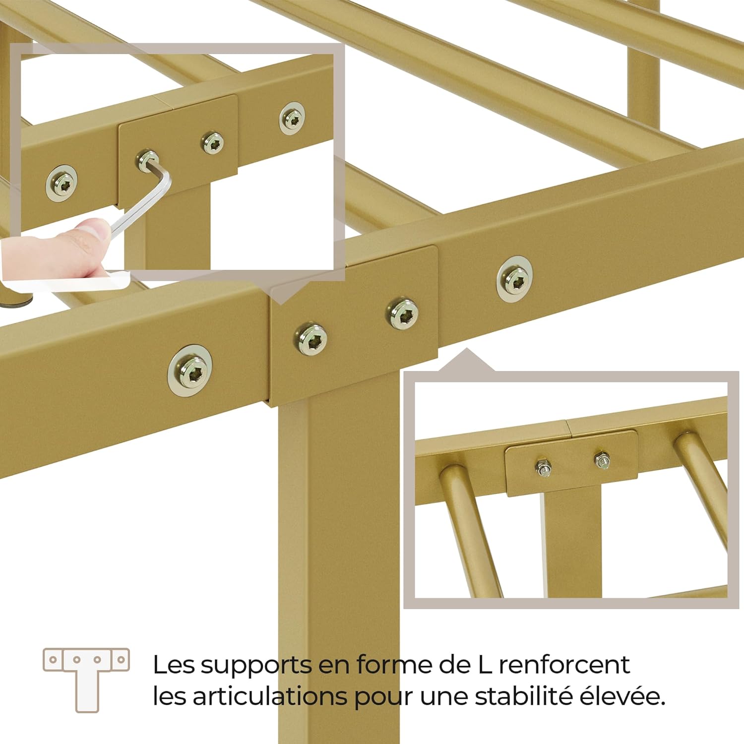 Yaheetech - lit simple métal - 90x200cm - montage facile, or antique