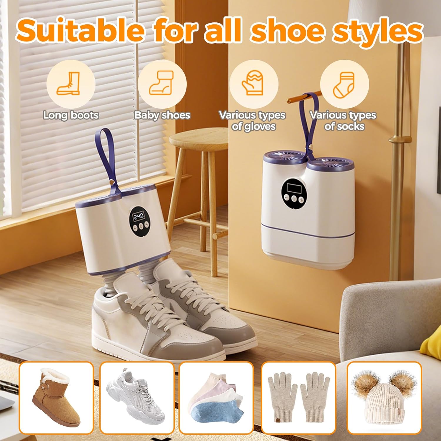 Sèche-chaussures électrique, minuterie, tuyaux extensibles, odeurs, dimensions compactes