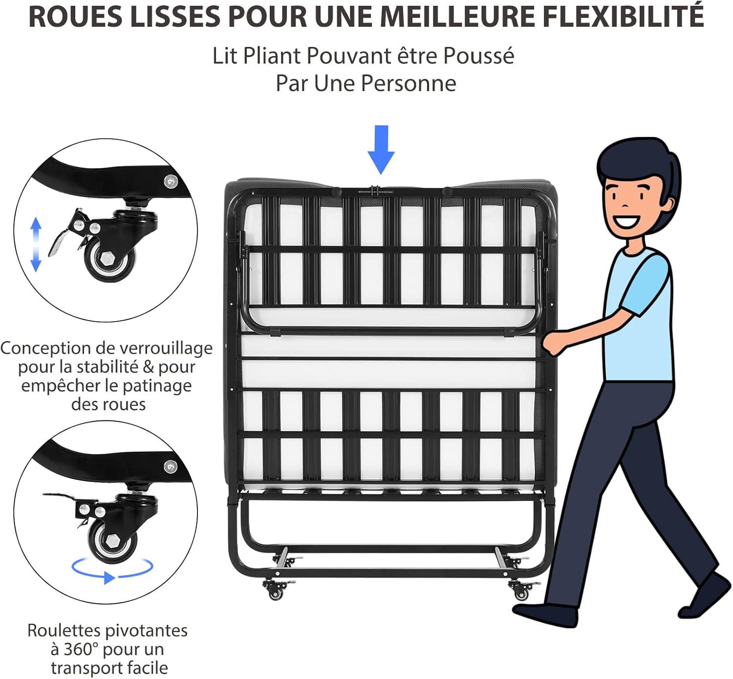 DICTAC - lit pliant adulte 90x200 cm, mousse mémoire, facile à assembler