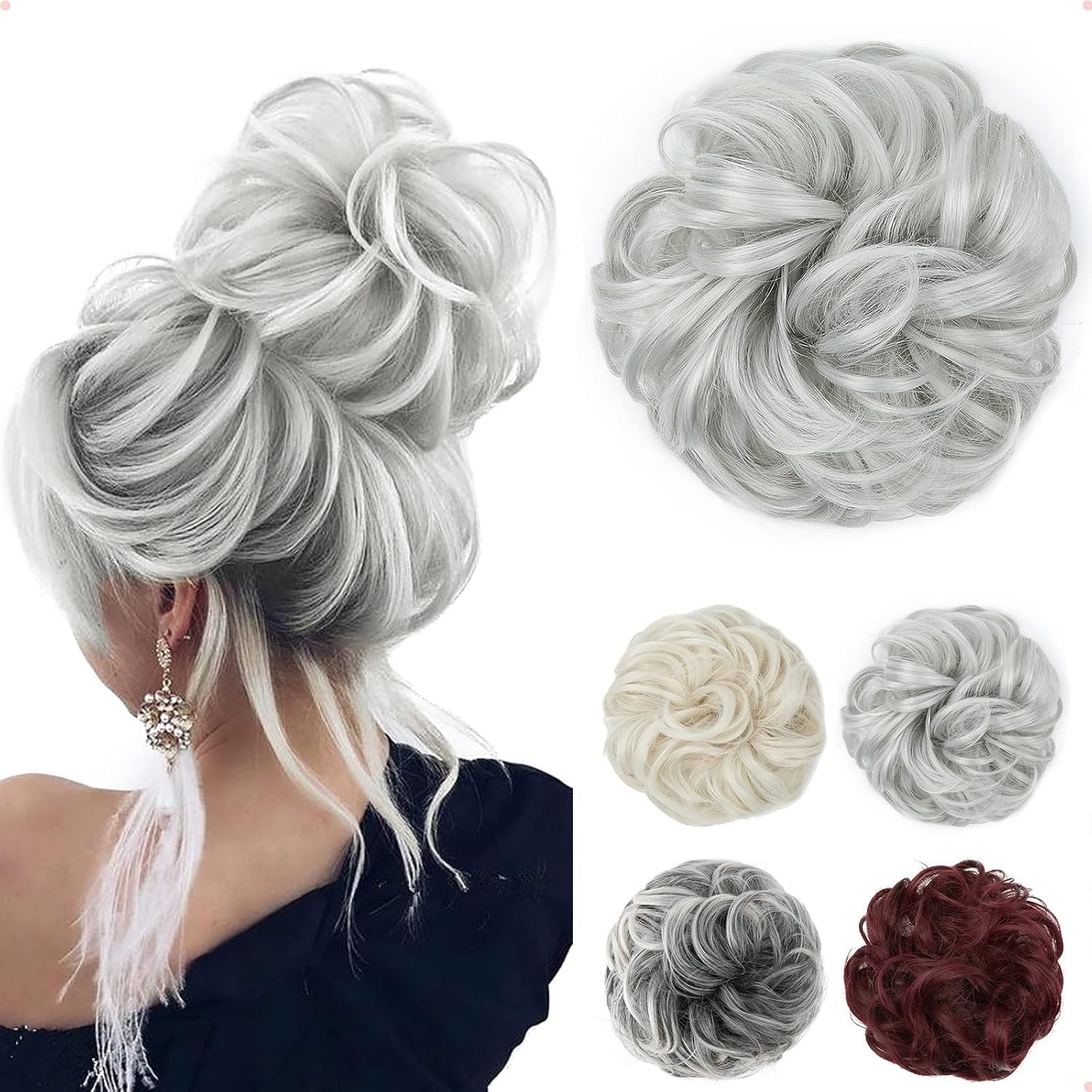JJstar - Chignon postiche bouclé, élastique, gris argenté, cheveux naturels