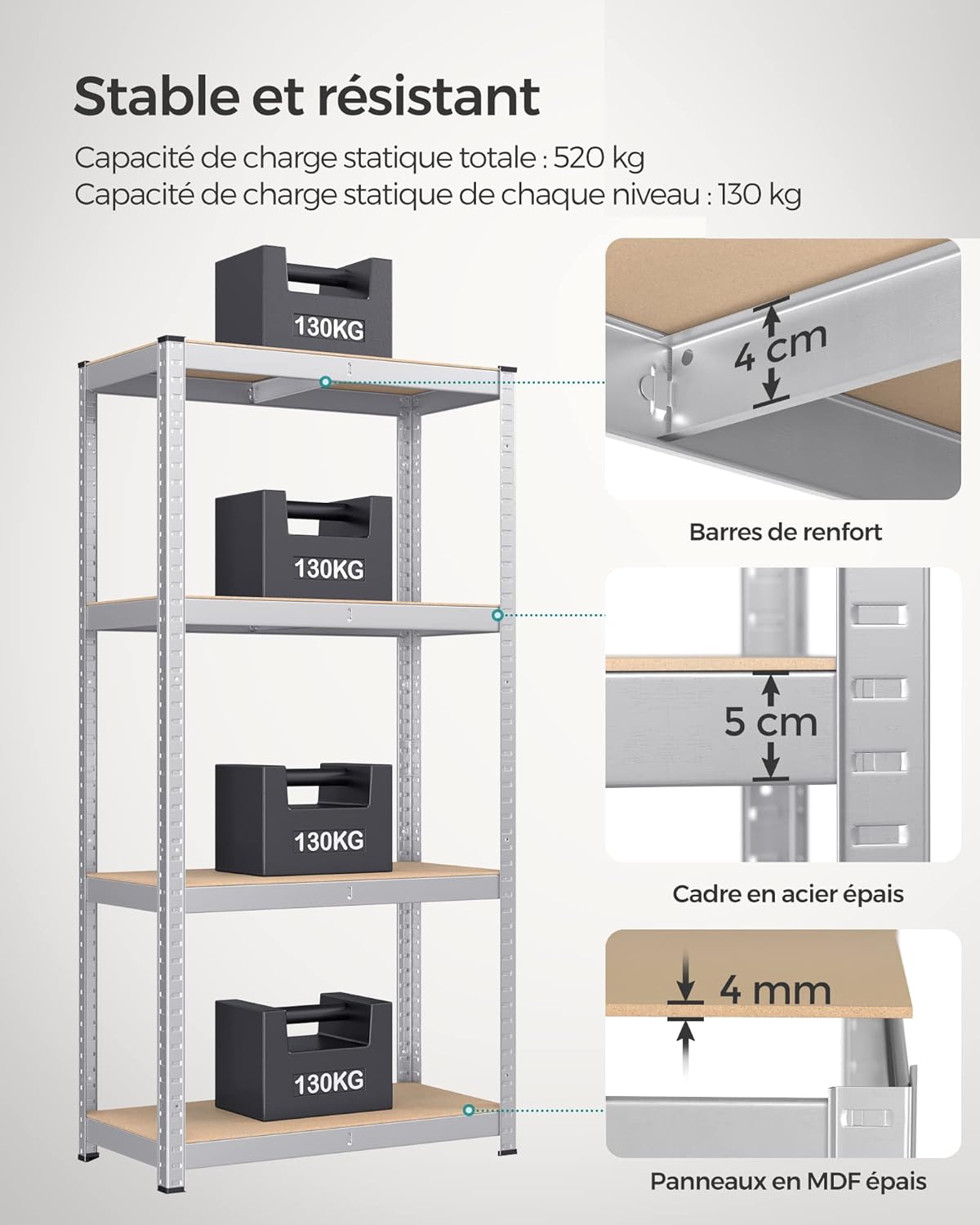 SONGMICS - étagère 4 niveaux - 40x80x160 cm - 520 kg, planches réglables, style industriel - GLR044E02
