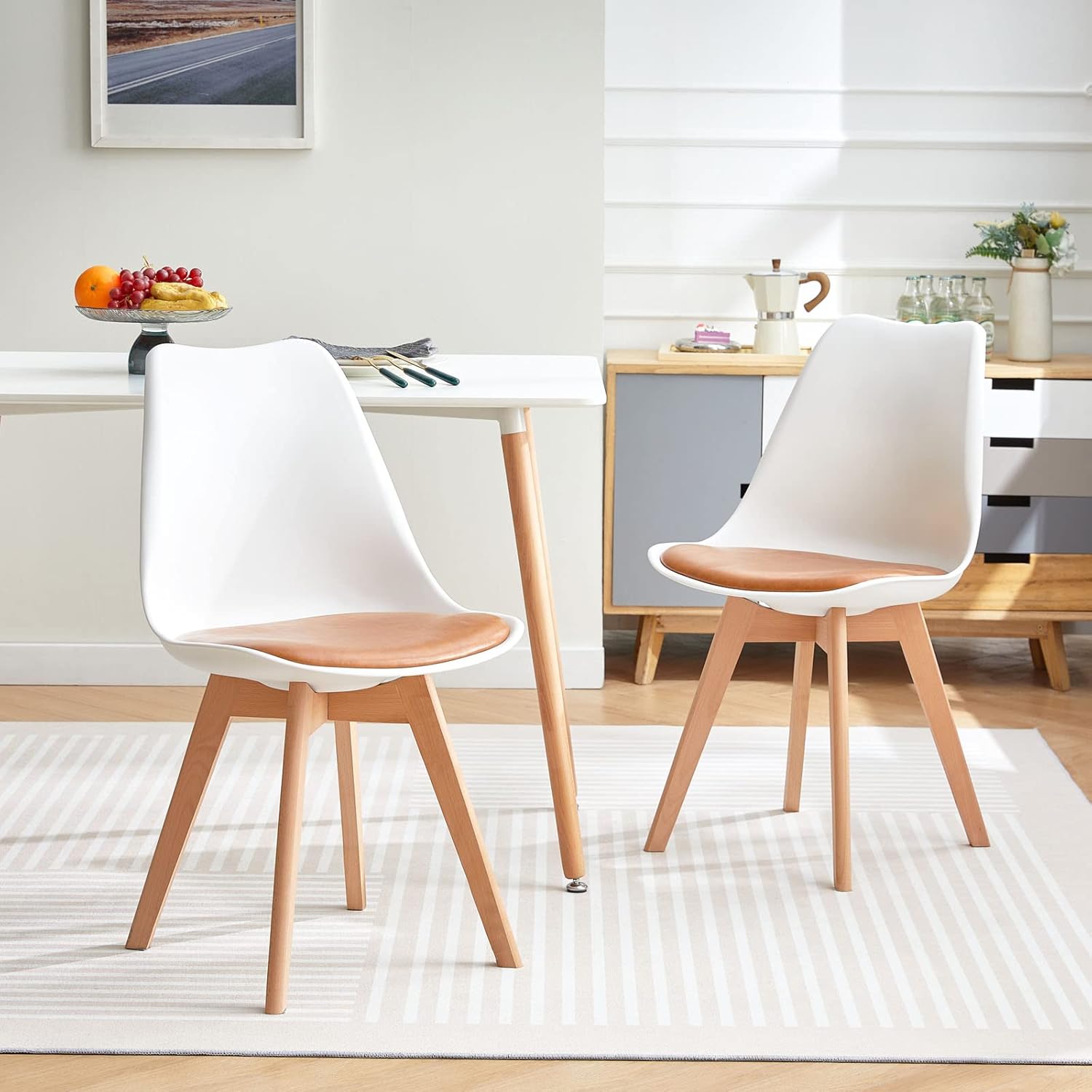 EGGREE - chaises scandinaves - bois hêtre, cuir PU, rembourrées, blanc/marron