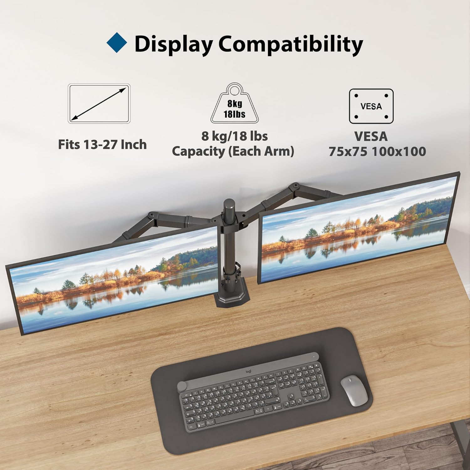 BONTEC - double support écran PC - 13-27 pouces - hauteur réglable, inclinaison, pivot, VESA