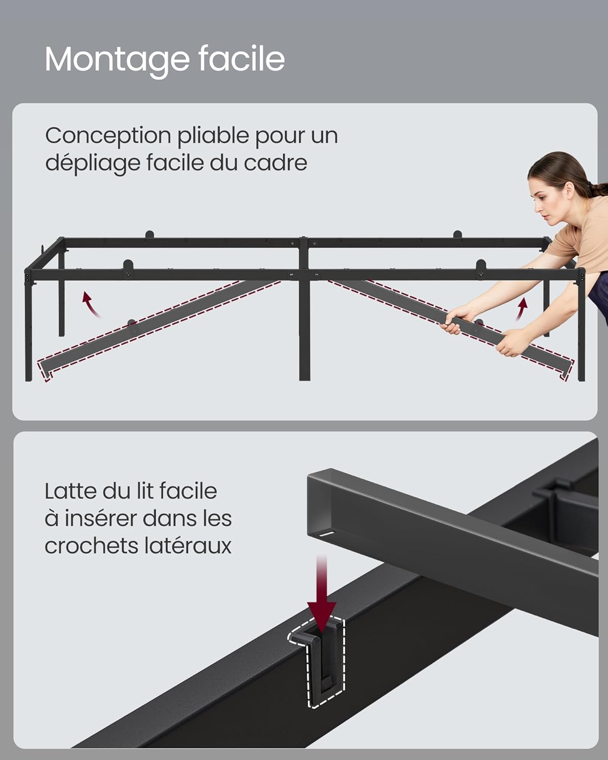 VASAGLE - cadre de lit simple - 90x190 cm - métal noir, étagères, montage facile - RMB091B01V1