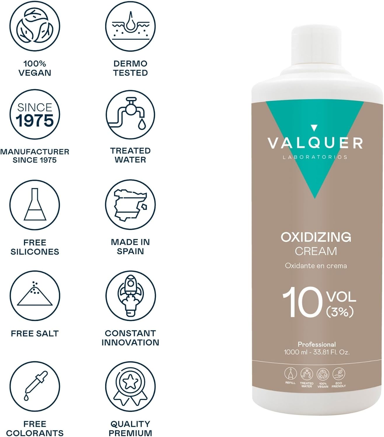 Valquer - Eau Oxygénée Crème 1L - 10 volumes, 3%, vegan, cheveux