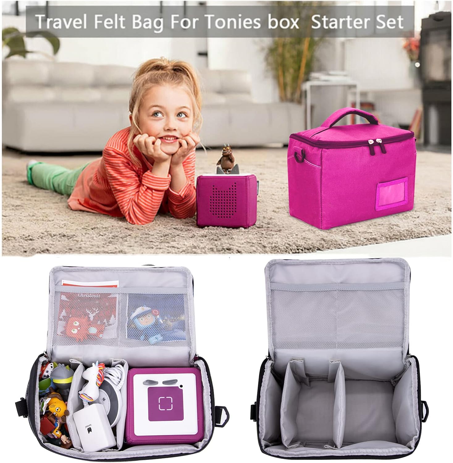 Sac de transport enfants Toniebox - polyester rose - rangement compact