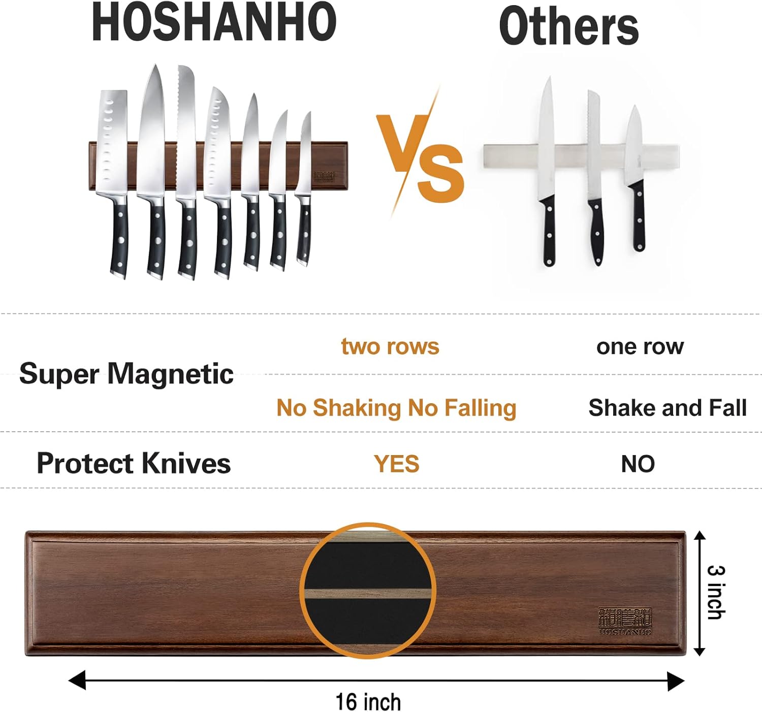 HOSHANHO - Porte-couteaux magnétique bois - 40cm - aimant puissant
