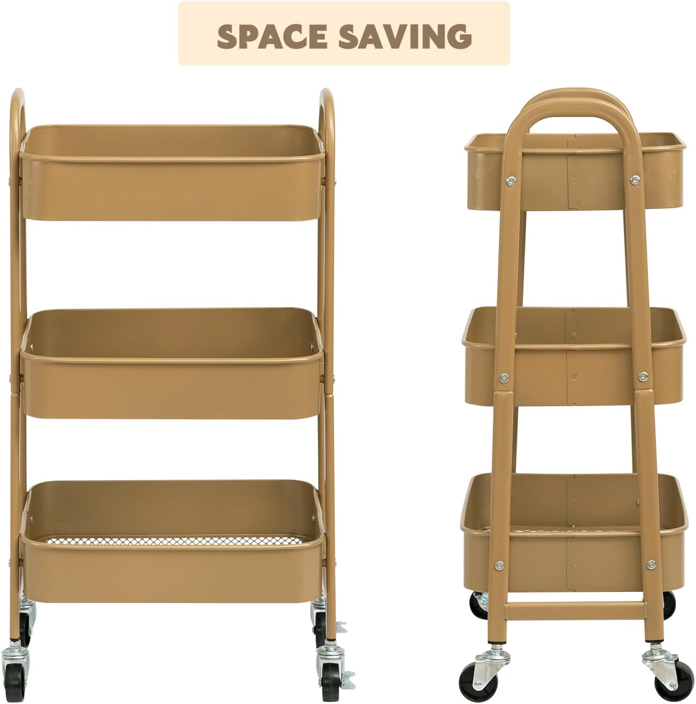 DOEWORKS - Chariot de rangement 3 niveaux, métal doré, roulant, compact