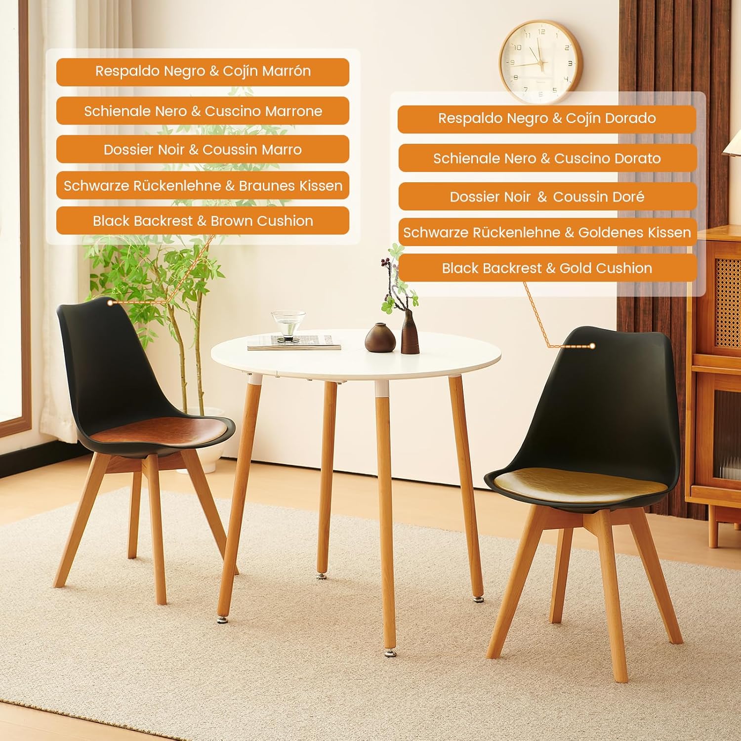 EGGREE - chaises scandinaves lot de 8 - bois hêtre - cuir PU rembourré noir/marron