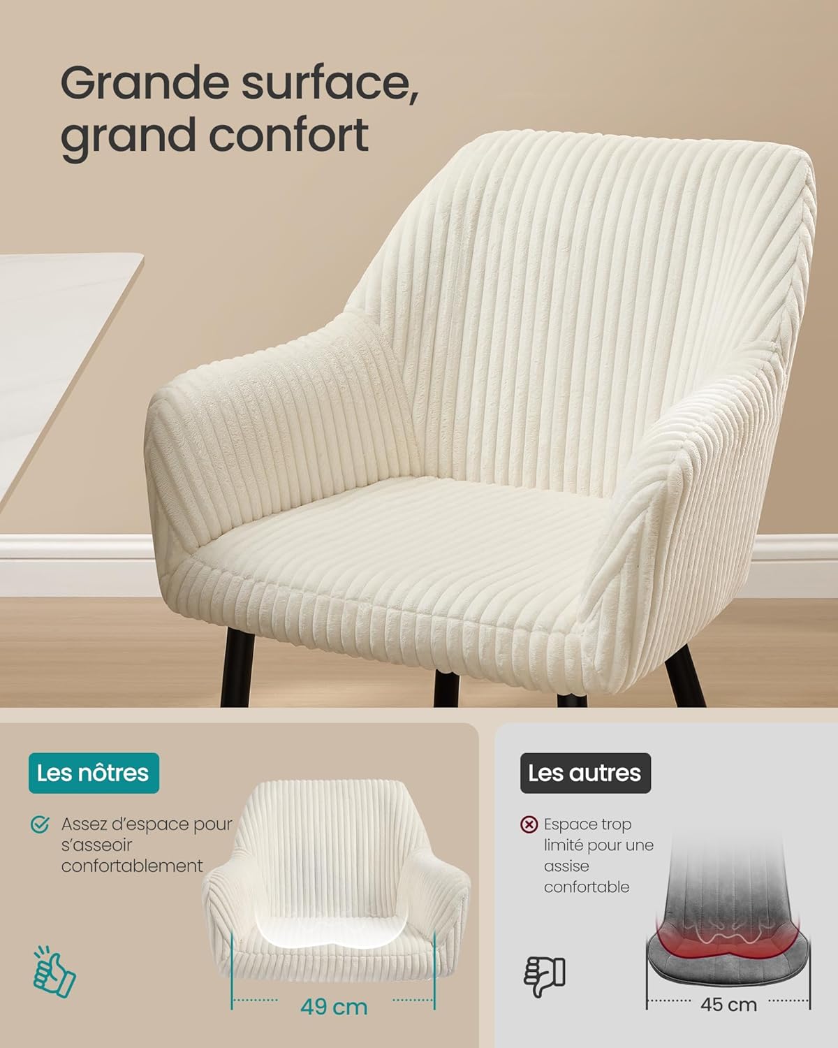 SONGMICS - chaise salle à manger velours, accoudoirs, métal, 120kg, LDC087WD01