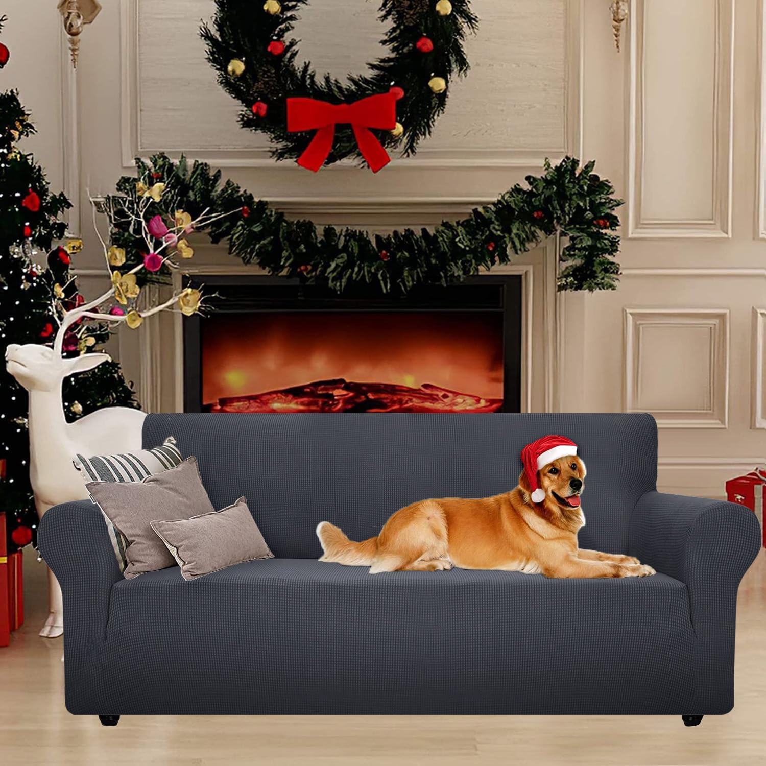 Housse canapé 3 places - extensible accoudoirs - gris foncé - antidérapant lavable