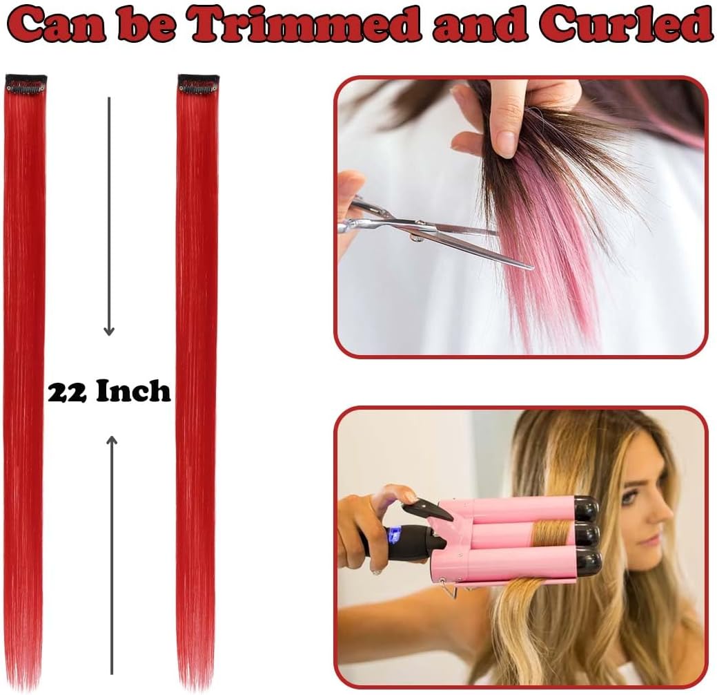 Extensions de cheveux - mèches colorées à clipser, 12pcs, rouge intense