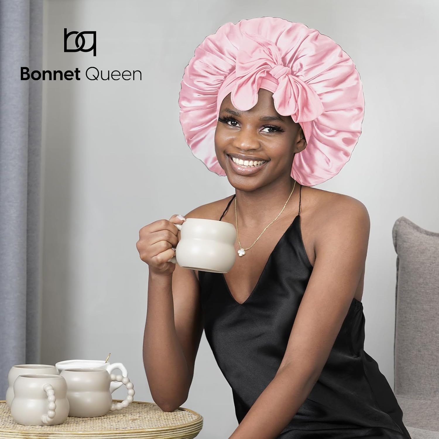 BONNET QUEEN - bonnet satin ajustable, grand, rose, elastique long