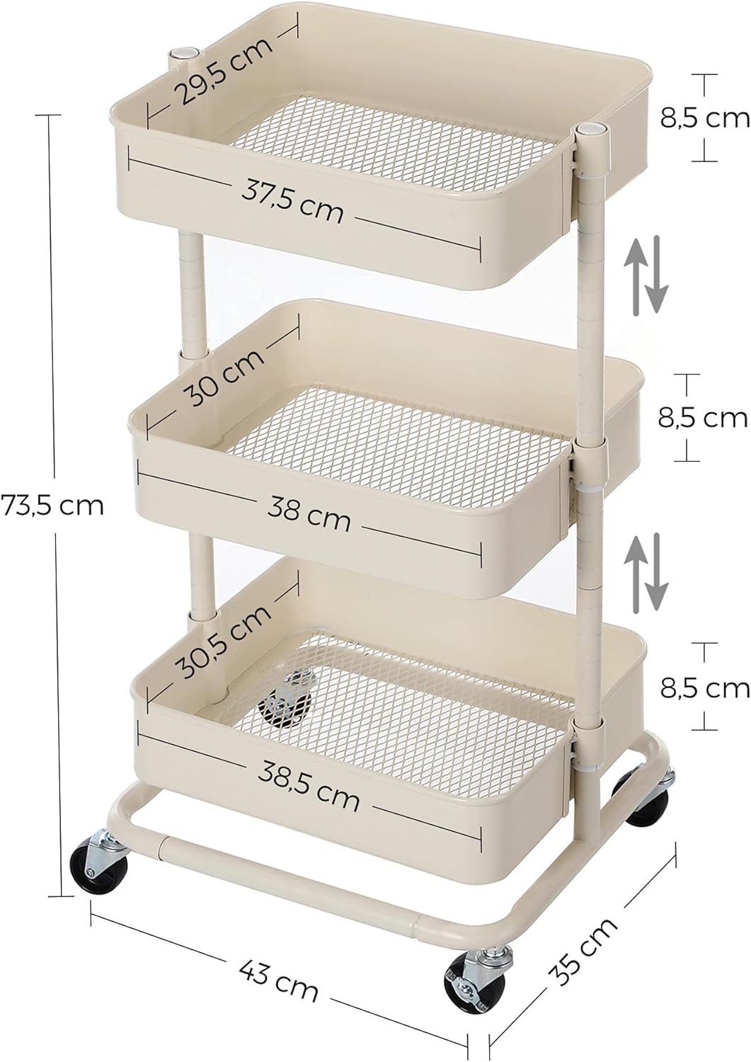 SONGMICS - chariot à 3 niveaux, tablette réglable, mobile, 2 freins, blanc - BSC60WT