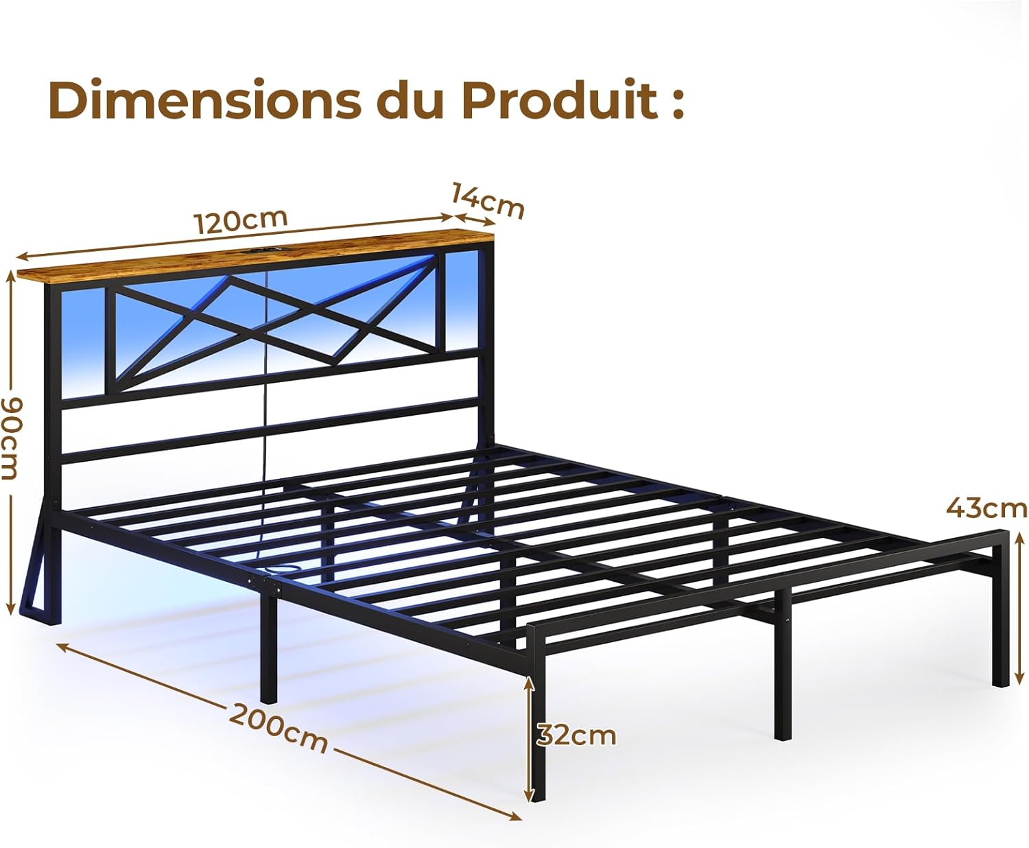 DICTAC - Lit LED vintage/noir 120x200cm, ports USB, rangement, DICTAC