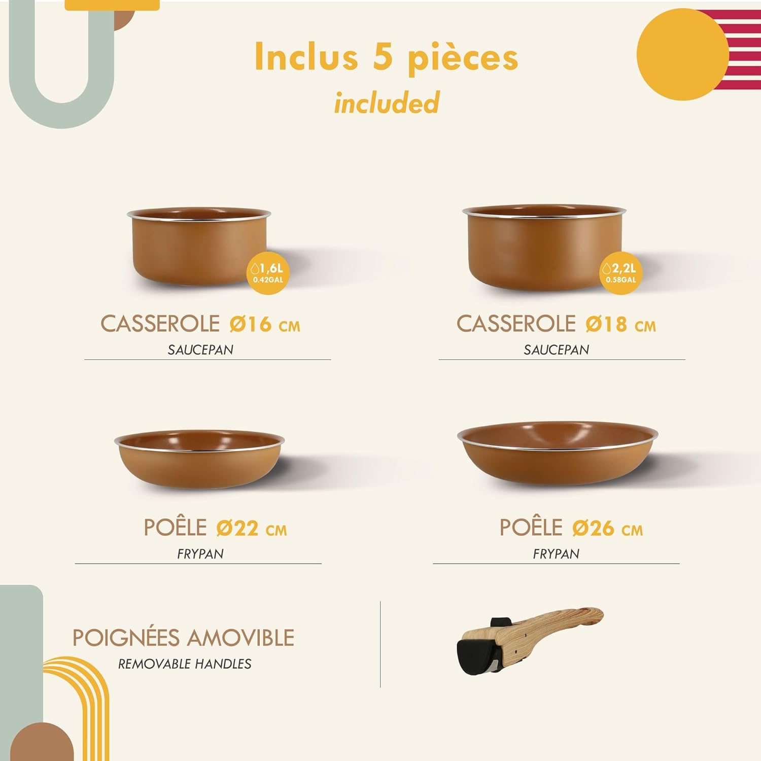 MENASTYL - Colorama - 2 poêles, 2 casseroles, poignée - céramique, induction, sans PFAS