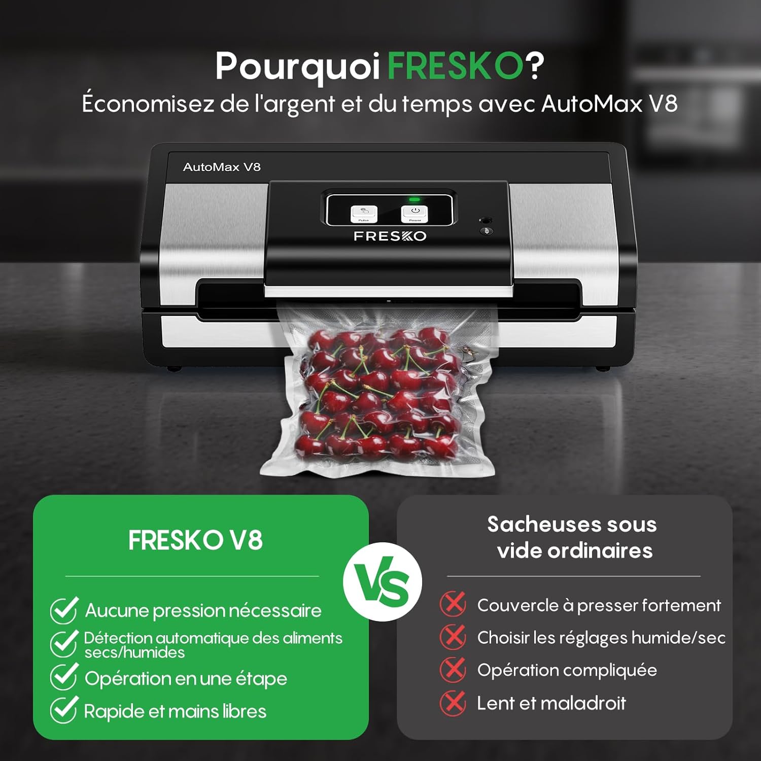 FRESKO - AutoMax V8 - 140W - sous vide mains libres, sec/humide, coupeur, 2 rouleaux, rangement - AutoMax V8