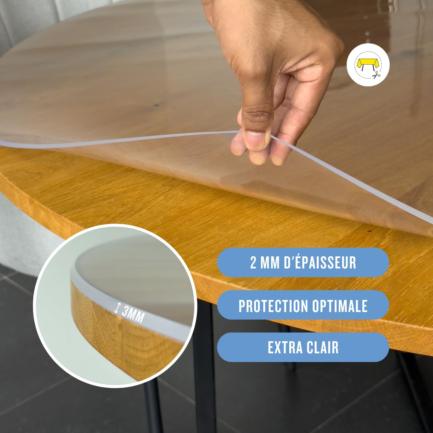 Nappe transparente ronde 85 cm, épaisseur 3mm, bords inclinés, toile lavable