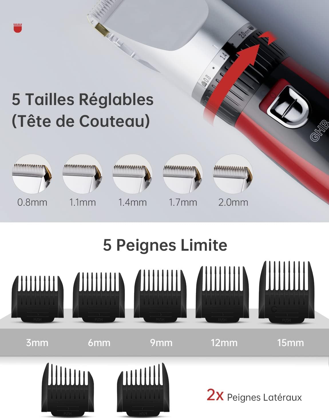 GHB - Tondeuse cheveux pro sans fil, 7 peignes, 2 batteries lithium