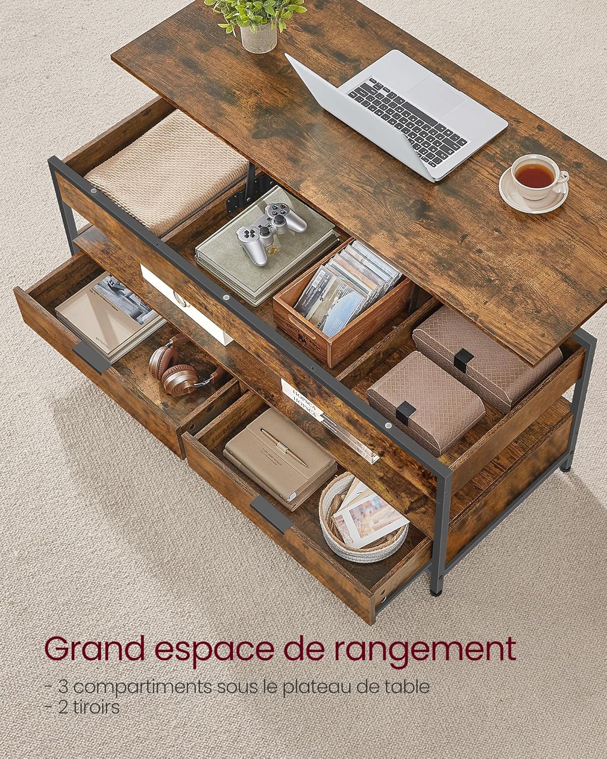 VASAGLE - table basse série LCT252K01 - 50x120cm - plateau relevable, tiroirs, compartiment caché