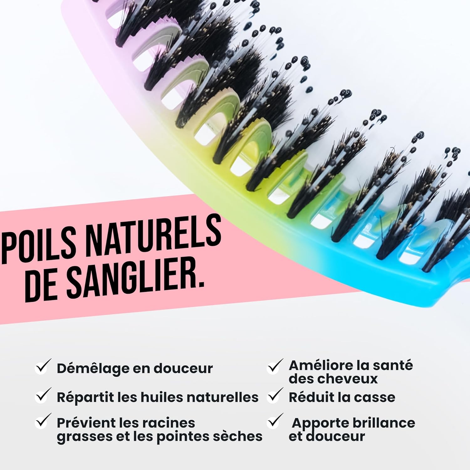 Brosse à cheveux - Démêlante sanglier nylon - anti-casse, anti-statique, tous types, adultes et enfants